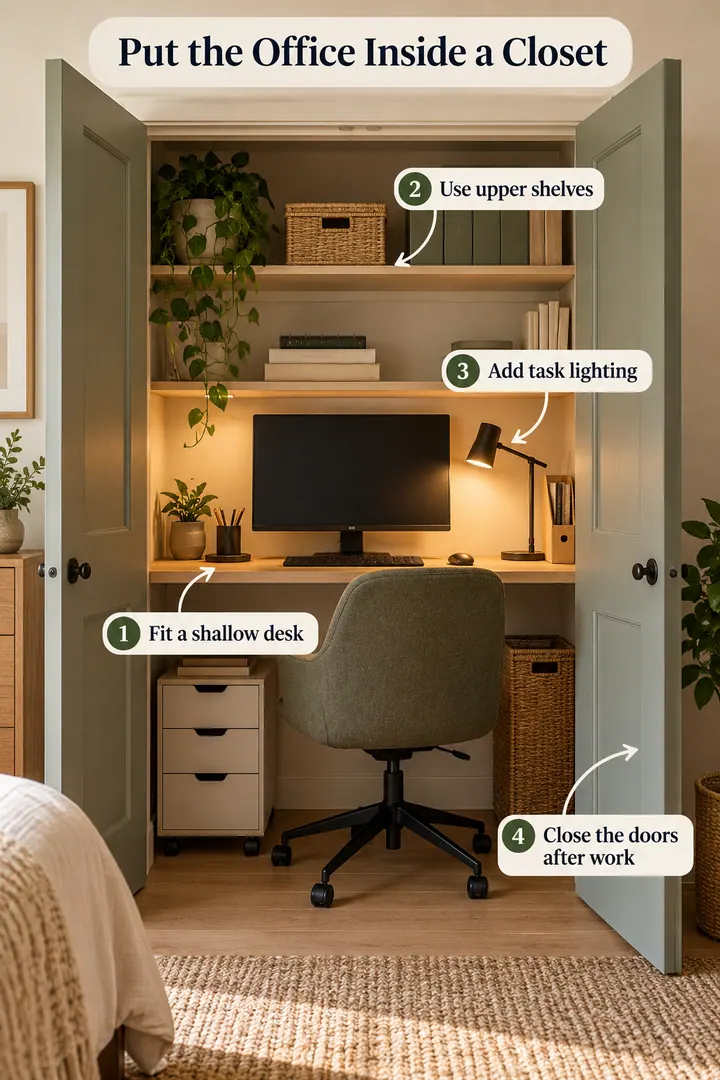 Annotated Educational Photo of closet office setup in Home office nook showing fit a shallow desk.