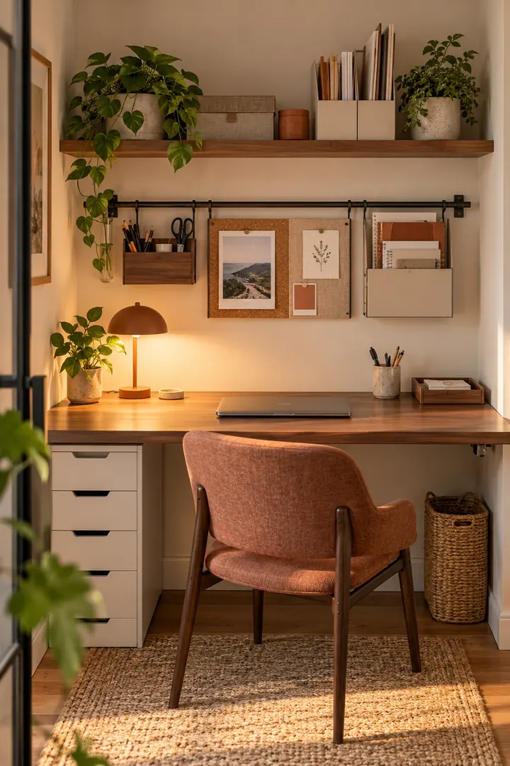 Clean Photo of small office reference wall in Home office nook showing create one reference rail.