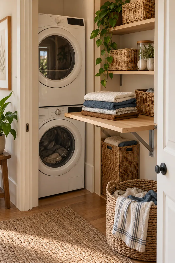 Detail/Lifestyle Photo of laundry closet folding shelf in Laundry closet showing add a safe fold surface.