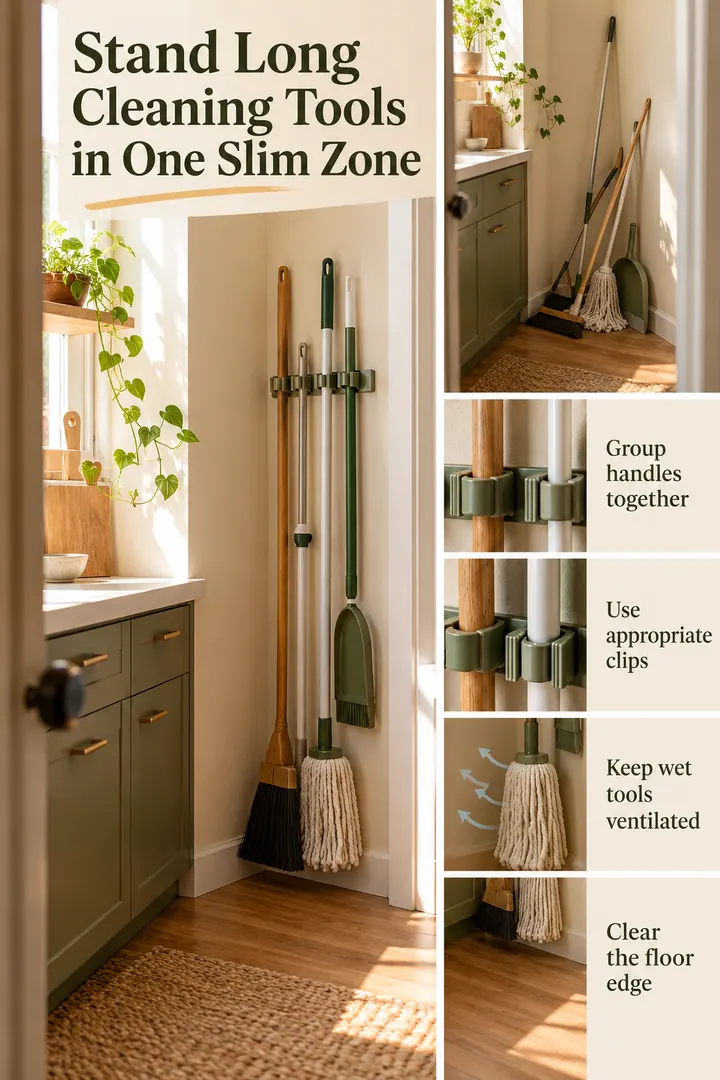 Editorial Educational Collage of utility broom corner in Utility corner showing group handles together.