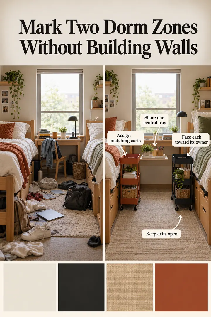 Color Palette Guide of shared dorm boundary storage in Dorm bedroom showing assign matching carts.