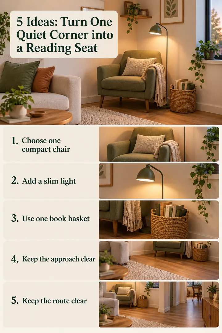 Numbered Ideas Infographic of small reading nook layout in Living room corner showing choose one compact chair.
