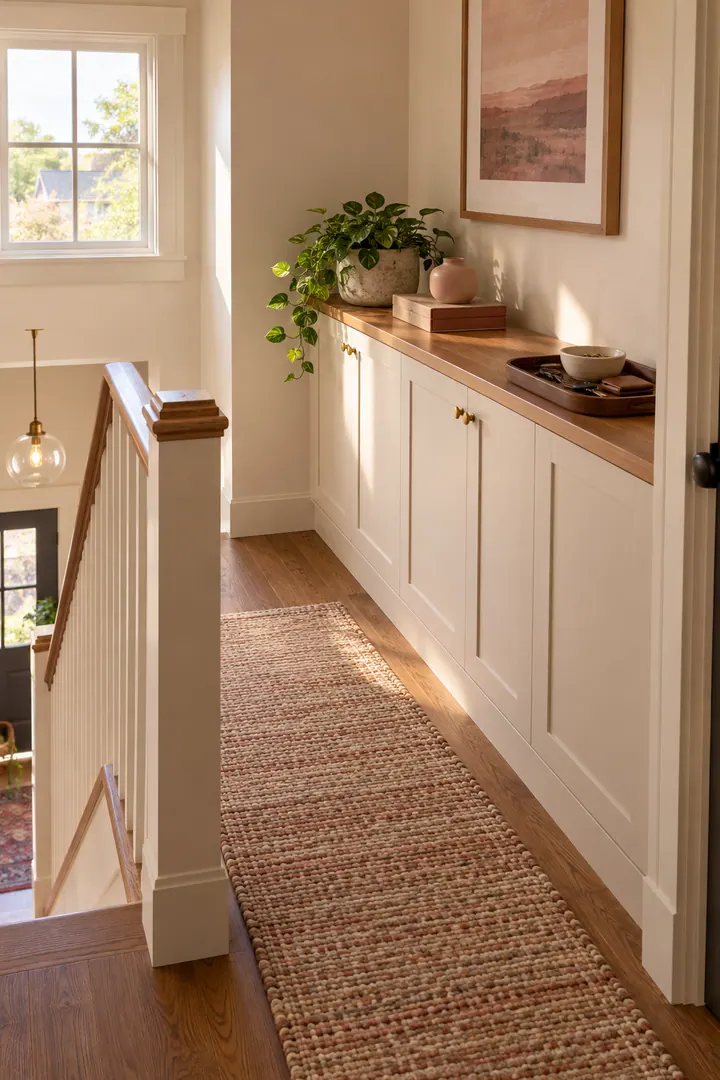 Clean Photo of stair landing storage in Stair landing showing use shallow closed storage.