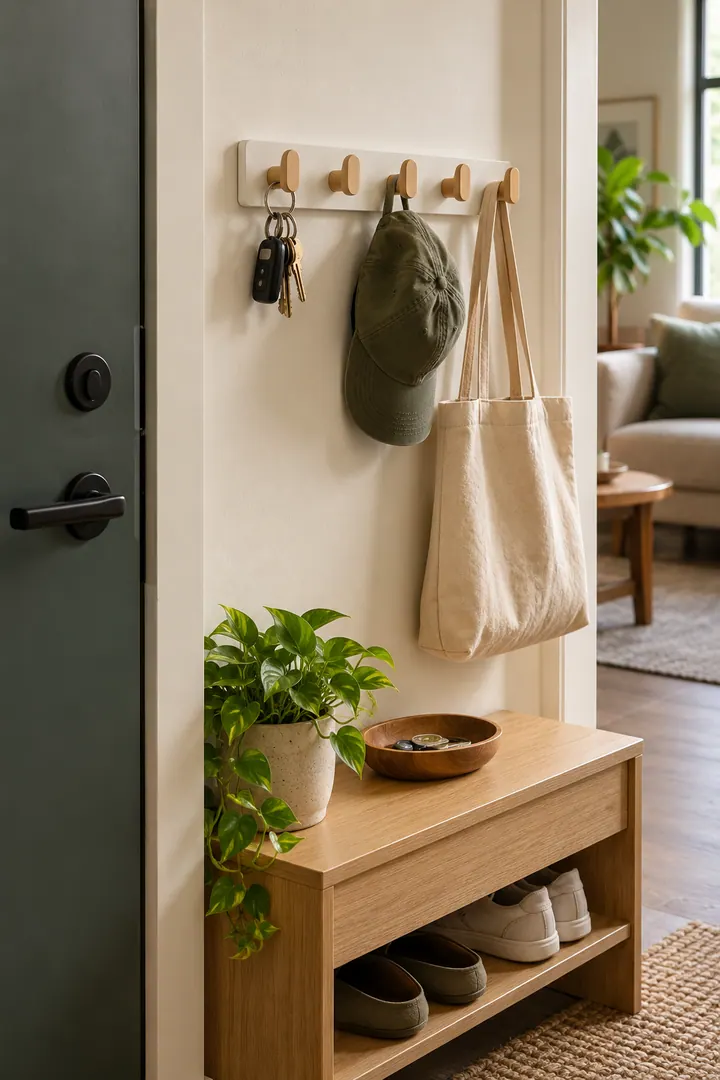Detail/Lifestyle Photo of removable entry key hooks in Entryway showing check the surface.