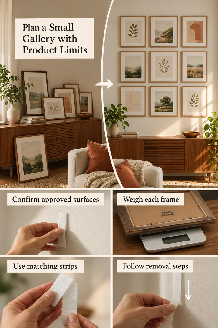 Editorial Educational Collage of removable picture strip grid in Living room showing confirm approved surfaces.