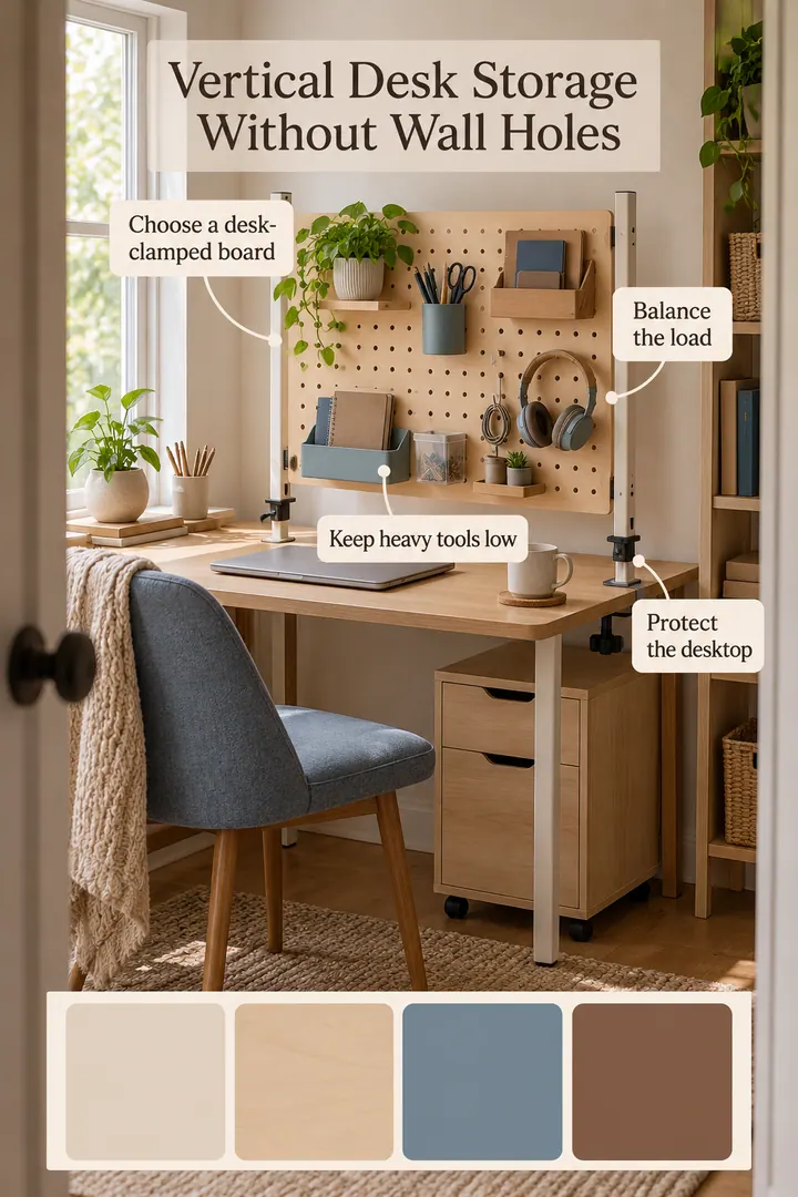 Color Palette Guide of freestanding desk pegboard in Home office nook showing choose a desk-clamped board.
