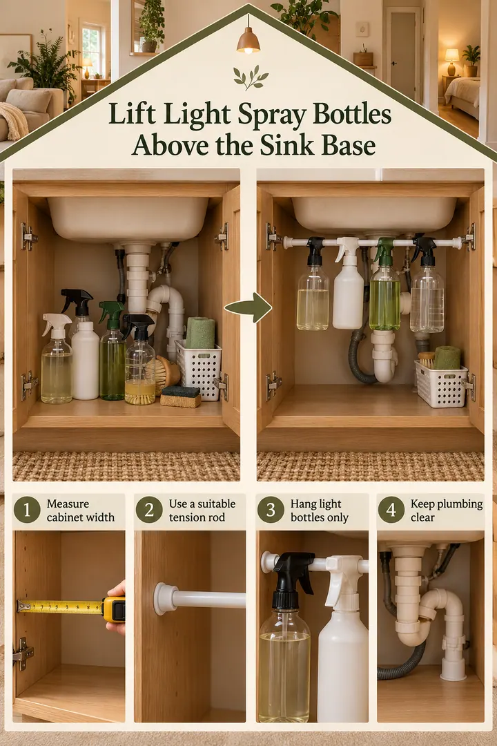 Room-by-Room Visual Guide of tension rod spray bottle storage in Kitchen sink cabinet showing measure cabinet width.