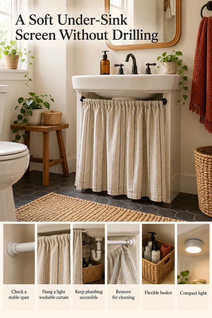 Budget Decor Catalog of tension rod under sink curtain in Bathroom showing check a stable span.