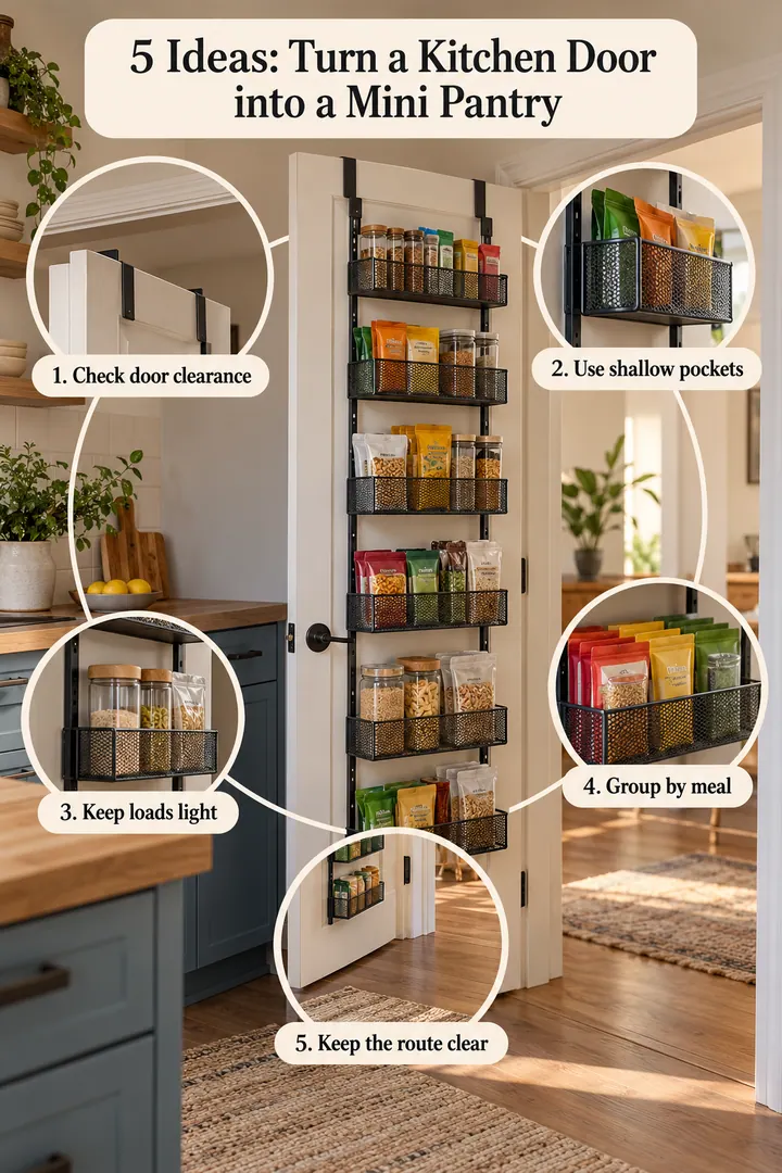 Numbered Ideas Infographic of over door pantry organizer in Kitchen showing check door clearance.