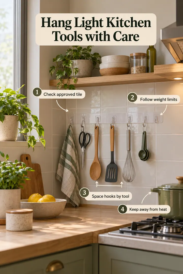 Annotated Educational Photo of removable kitchen utensil hooks in Kitchen showing check approved tile.