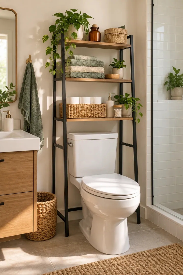 Clean Photo of freestanding toilet ladder shelf in Bathroom showing choose a stable floor unit.