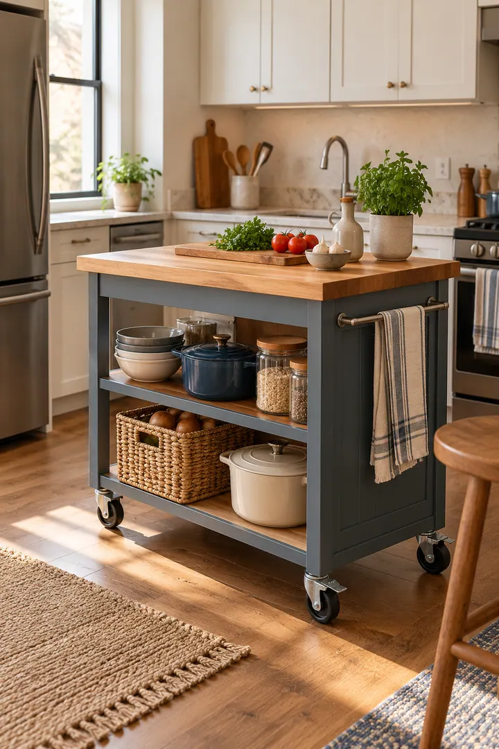 Detail/Lifestyle Photo of rolling kitchen island rental in Kitchen showing choose locking casters.