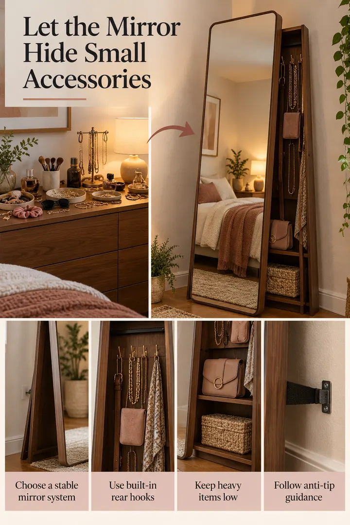 Editorial Educational Collage of leaning mirror accessory storage in Bedroom showing choose a stable mirror system.