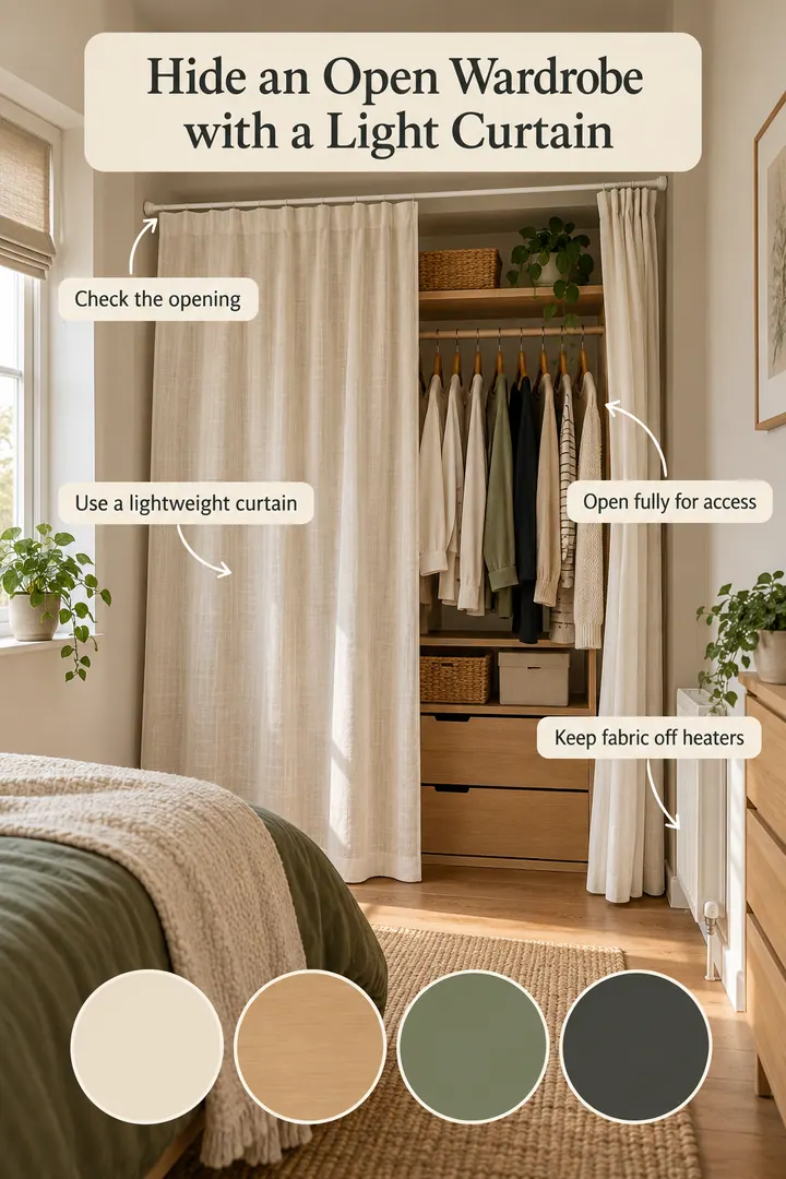 Color Palette Guide of tension curtain open wardrobe in Bedroom showing check the opening.