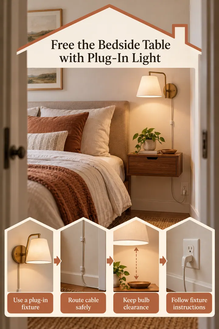 Room-by-Room Visual Guide of plug in wall light alternative in Bedroom showing use a plug-in fixture.