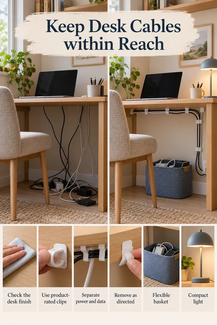 Budget Decor Catalog of removable desk cable clips in Home office nook showing check the desk finish.