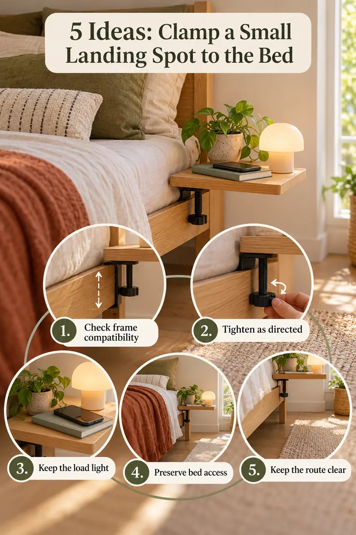 Numbered Ideas Infographic of clamp shelf bedside storage in Bedroom showing check frame compatibility.