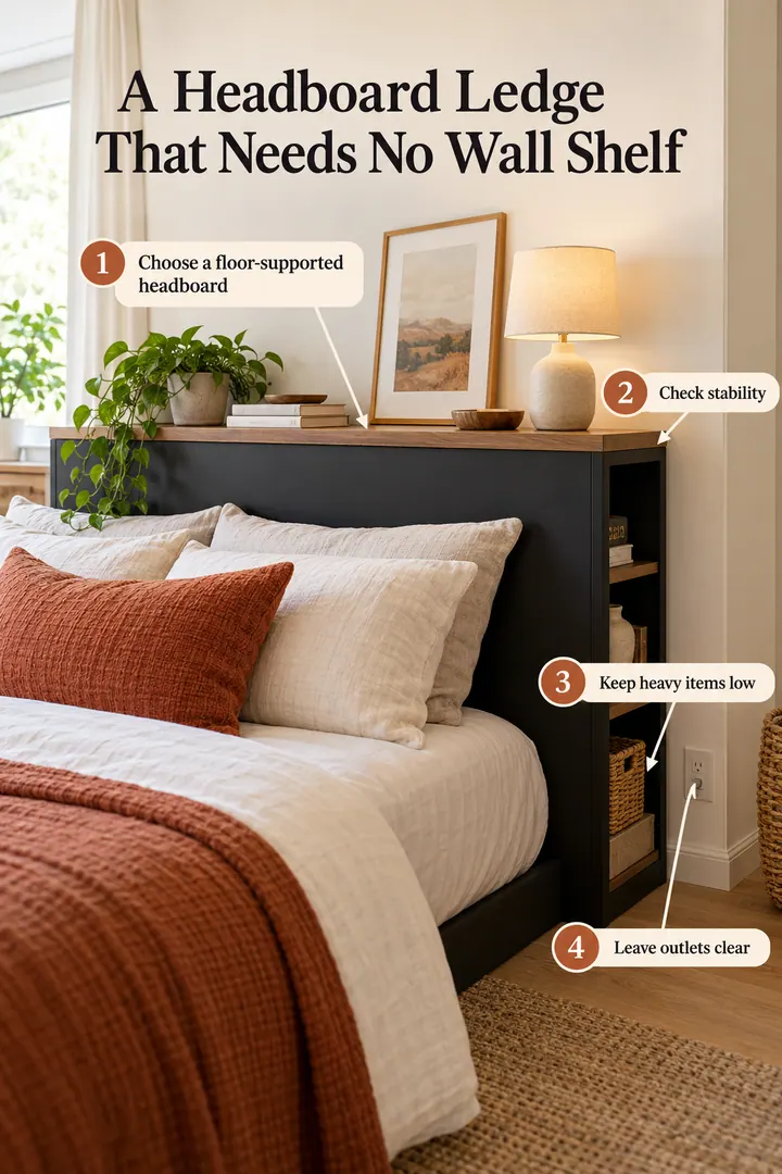 Annotated Educational Photo of freestanding headboard ledge in Bedroom showing choose a floor-supported headboard.