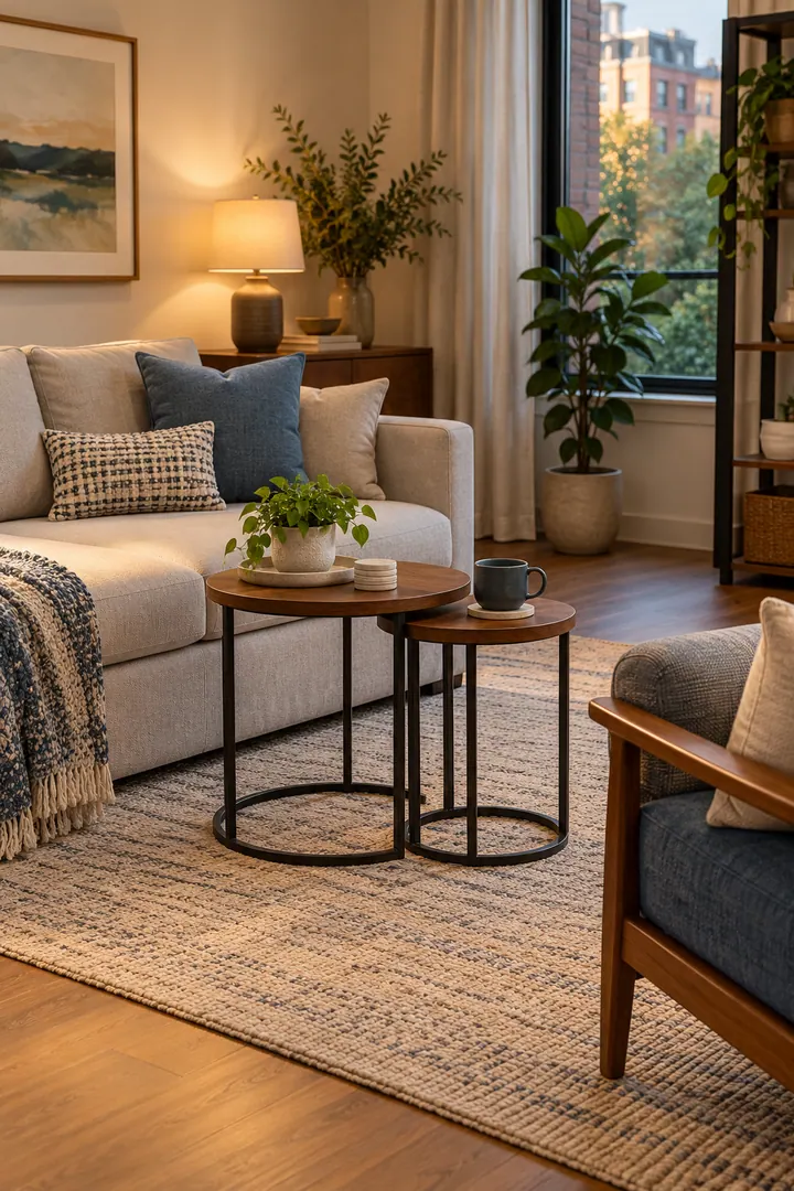 Clean Photo of nesting side tables small living room in Living room showing use tables separately.