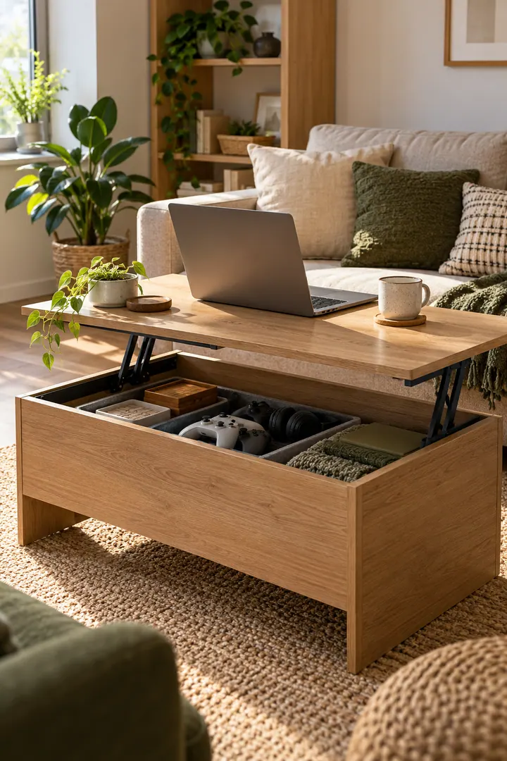Detail/Lifestyle Photo of lift top coffee table storage in Living room showing choose a lift surface.