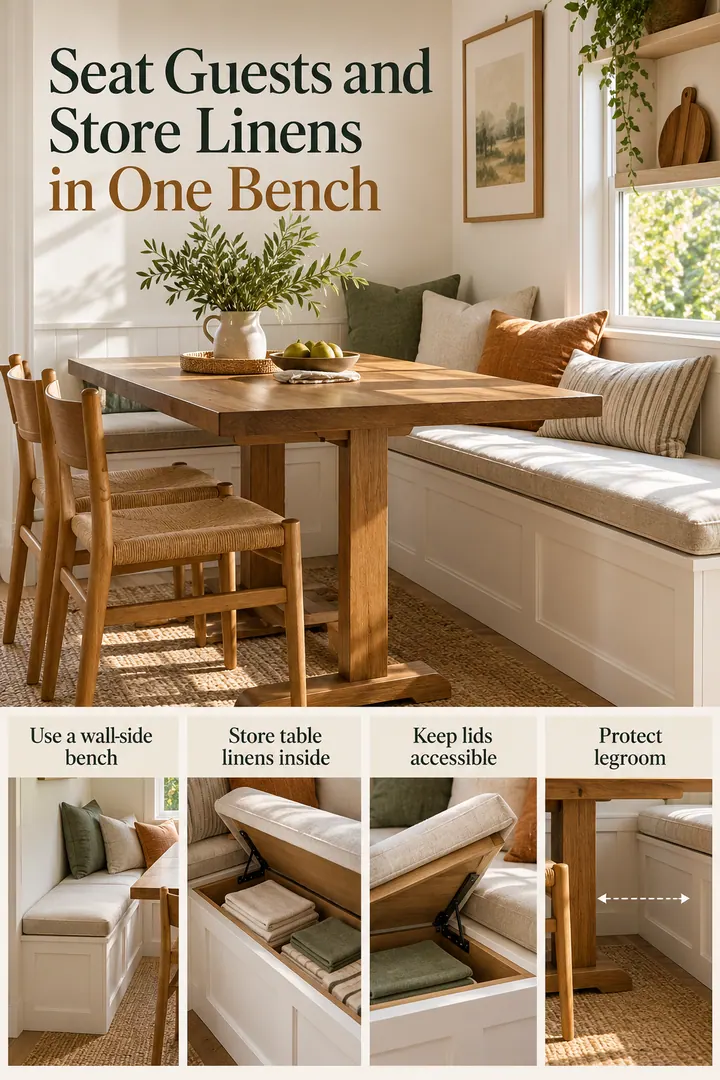 Editorial Educational Collage of storage bench dining nook in Dining nook showing use a wall-side bench.