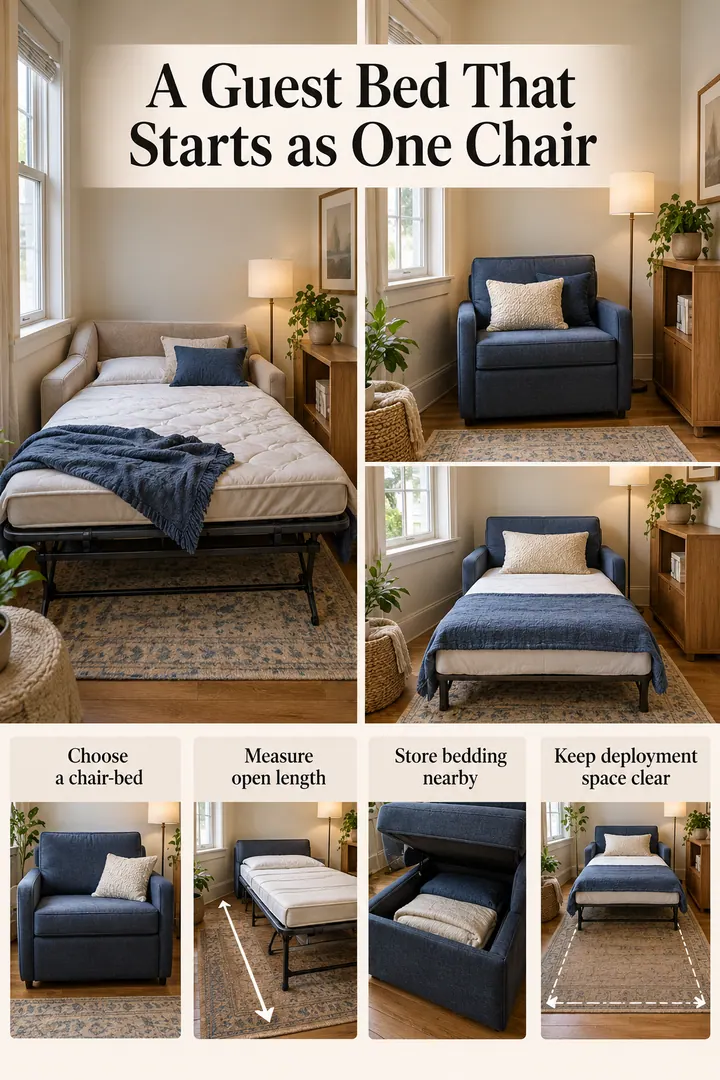 Room-by-Room Visual Guide of convertible sleeper chair in Guest corner showing choose a chair-bed.