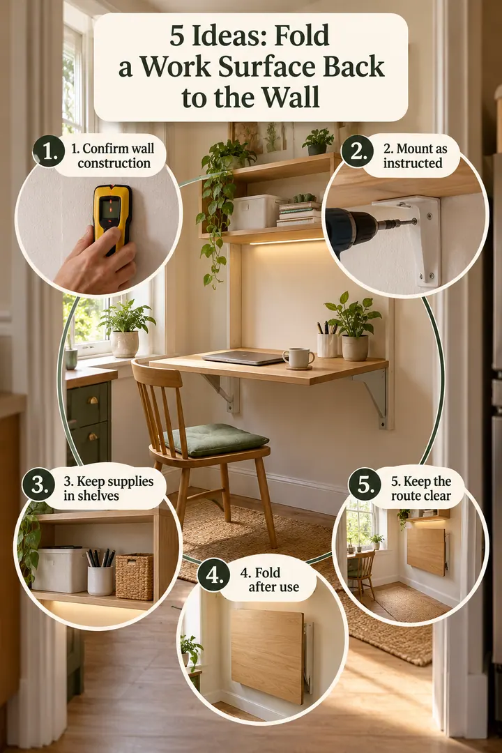 Numbered Ideas Infographic of wall mounted drop leaf desk in Kitchen nook showing confirm wall construction.