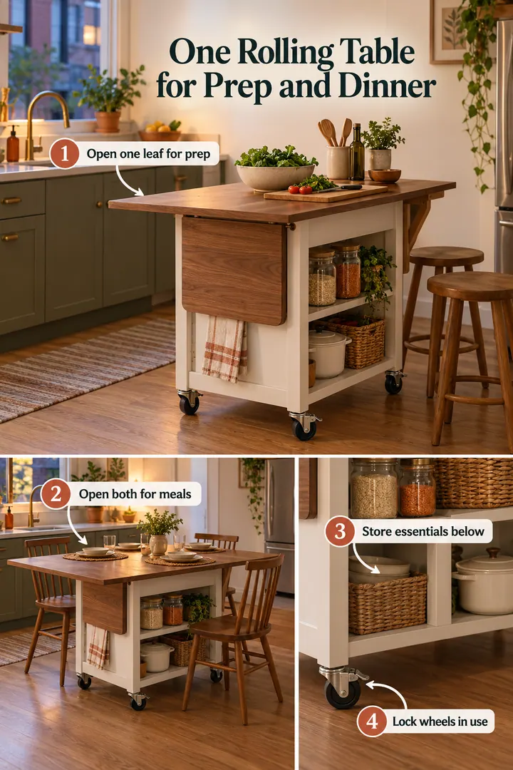 Annotated Educational Photo of mobile drop leaf table in Kitchen showing open one leaf for prep.