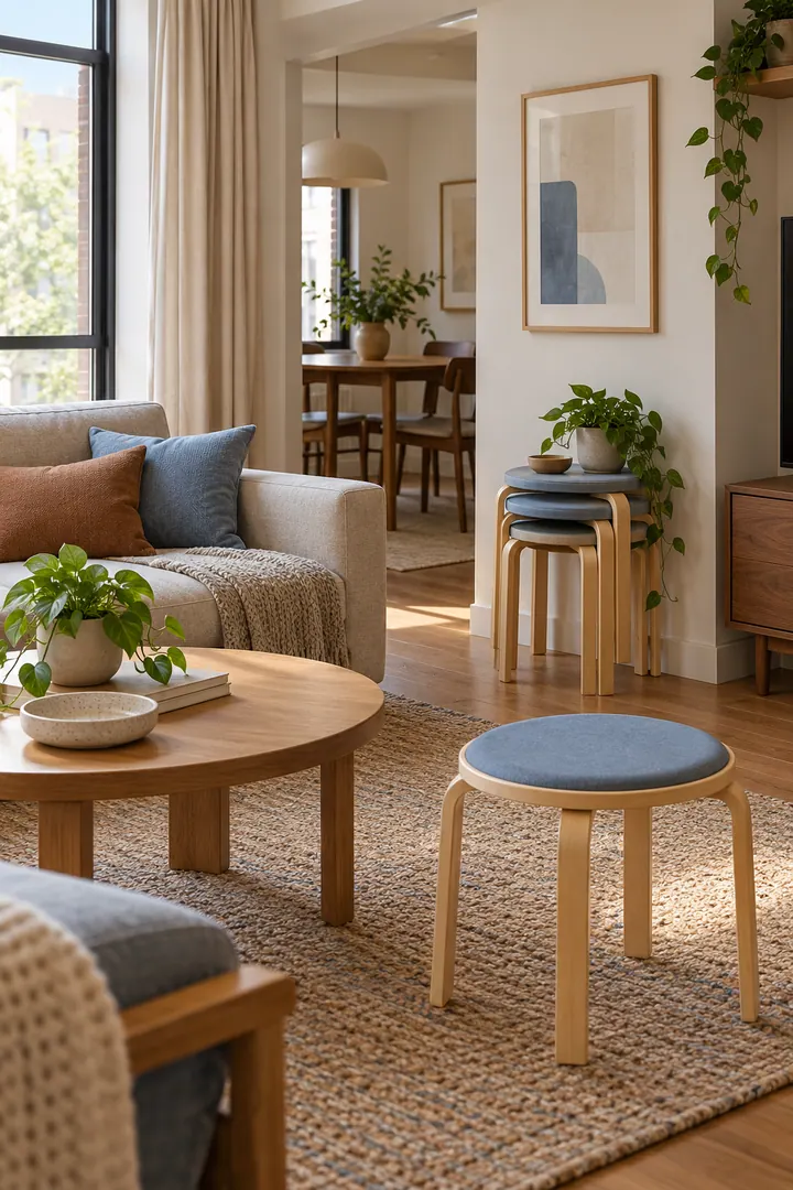 Clean Photo of stackable stool seating in Living room showing choose stackable stools.