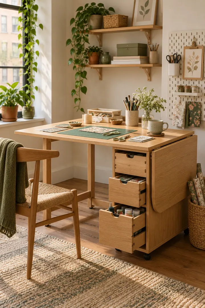 Detail/Lifestyle Photo of gateleg craft table in Hobby corner showing open only one side.
