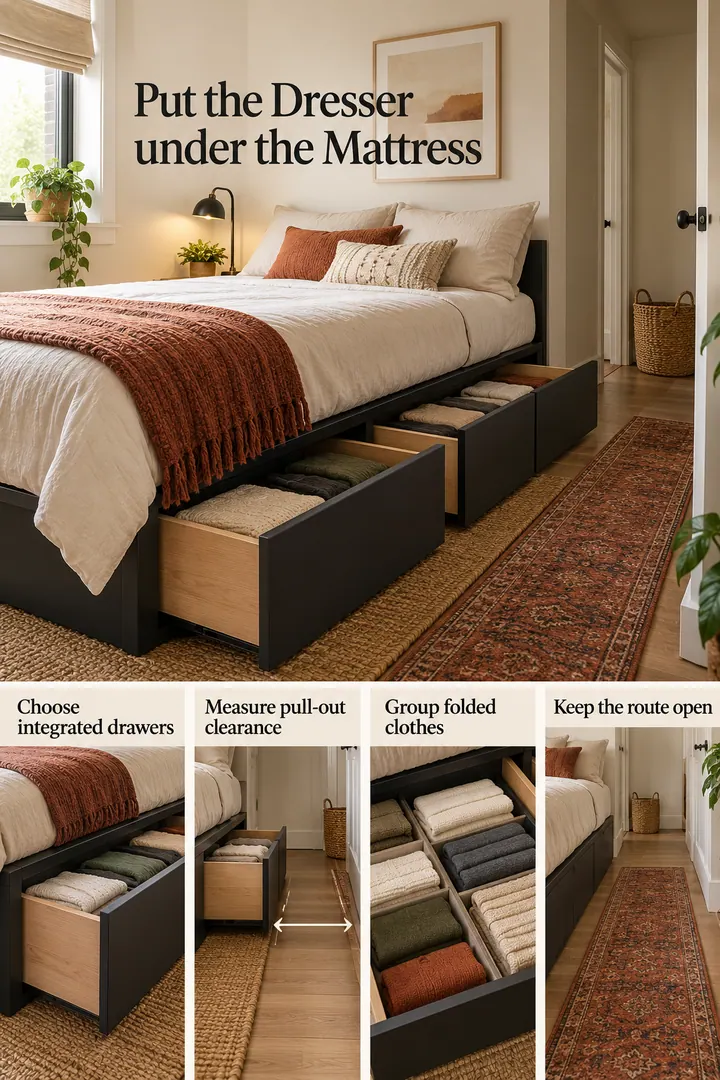 Editorial Educational Collage of bed frame with drawers in Bedroom showing choose integrated drawers.