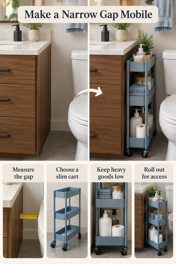 Room-by-Room Visual Guide of slim rolling utility cart in Bathroom showing measure the gap.