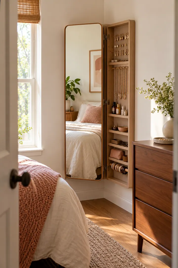 Clean Photo of mirror cabinet small bedroom in Bedroom showing choose a storage mirror.