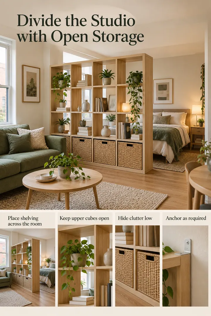 Editorial Educational Collage of open shelf studio divider in Studio showing place shelving across the room.