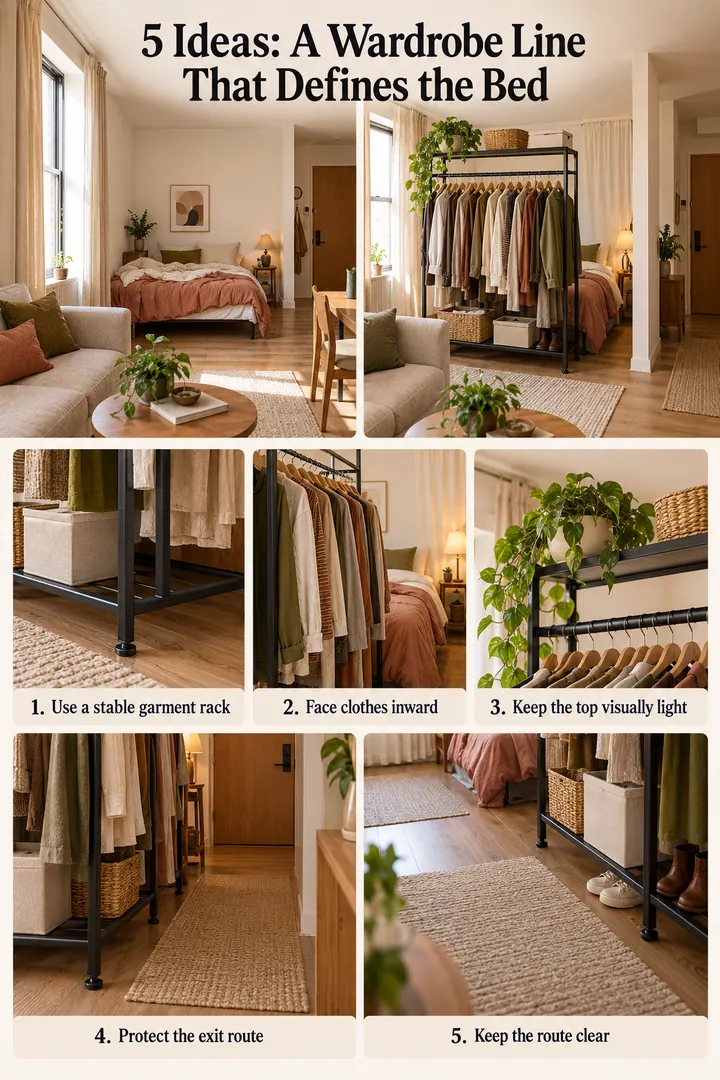 Numbered Ideas Infographic of garment rack room divider in Studio showing use a stable garment rack.