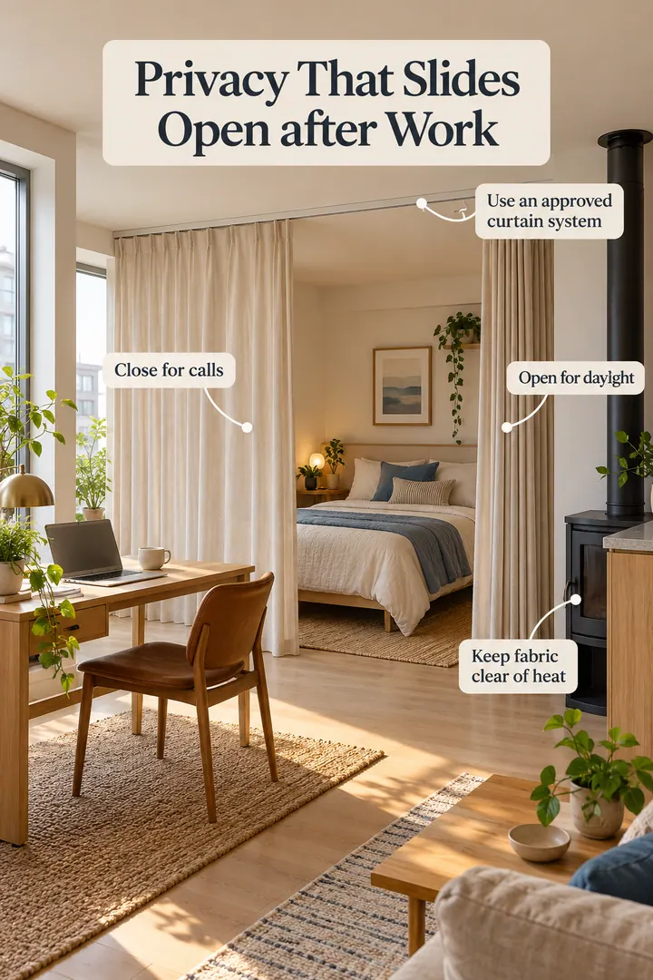 Annotated Educational Photo of curtain divider studio in Studio showing use an approved curtain system.