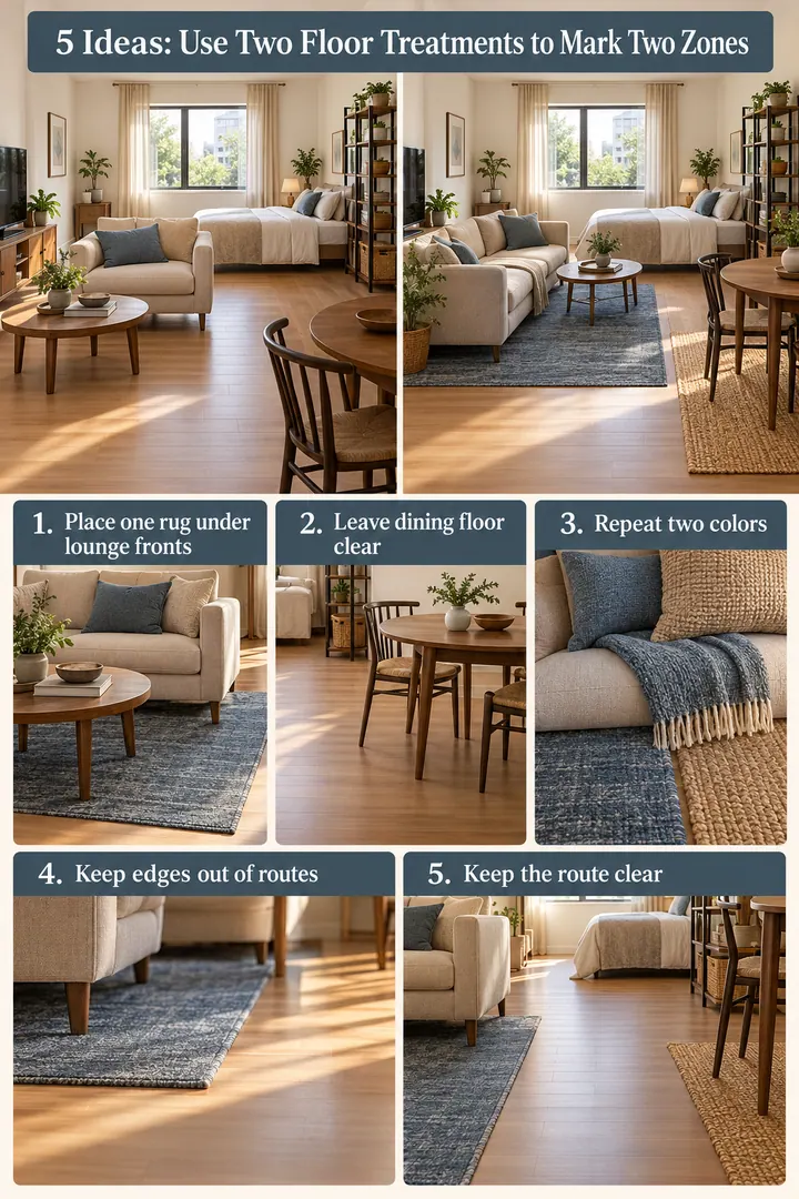 Numbered Ideas Infographic of rug zoning studio apartment in Studio showing place one rug under lounge fronts.