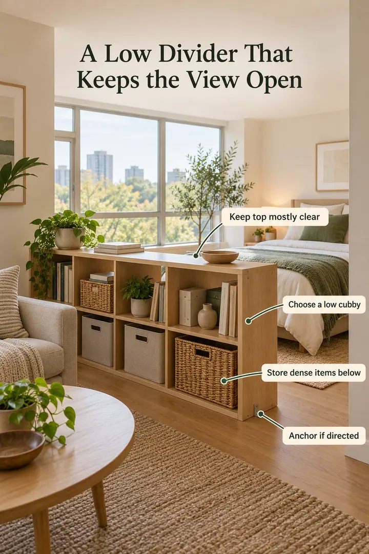 Annotated Educational Photo of low cubby room divider in Studio showing choose a low cubby.