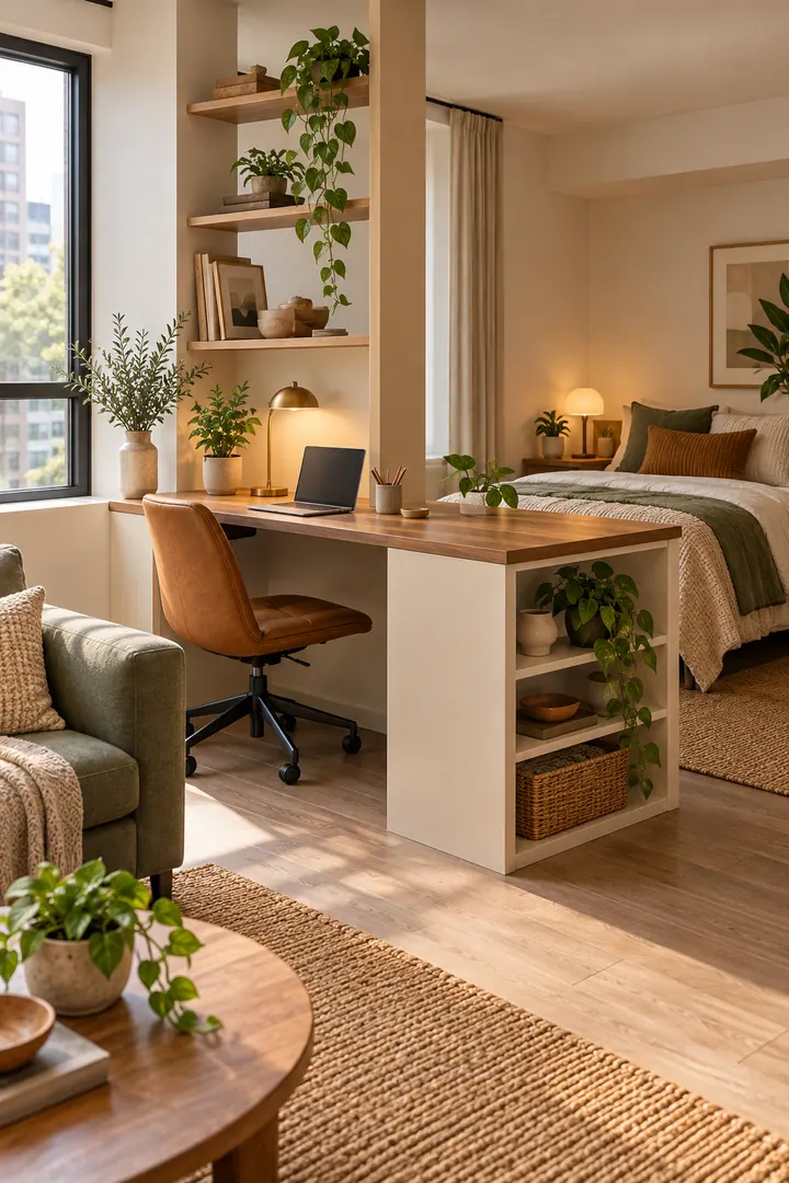 Clean Photo of desk peninsula studio divider in Studio showing turn desk perpendicular.