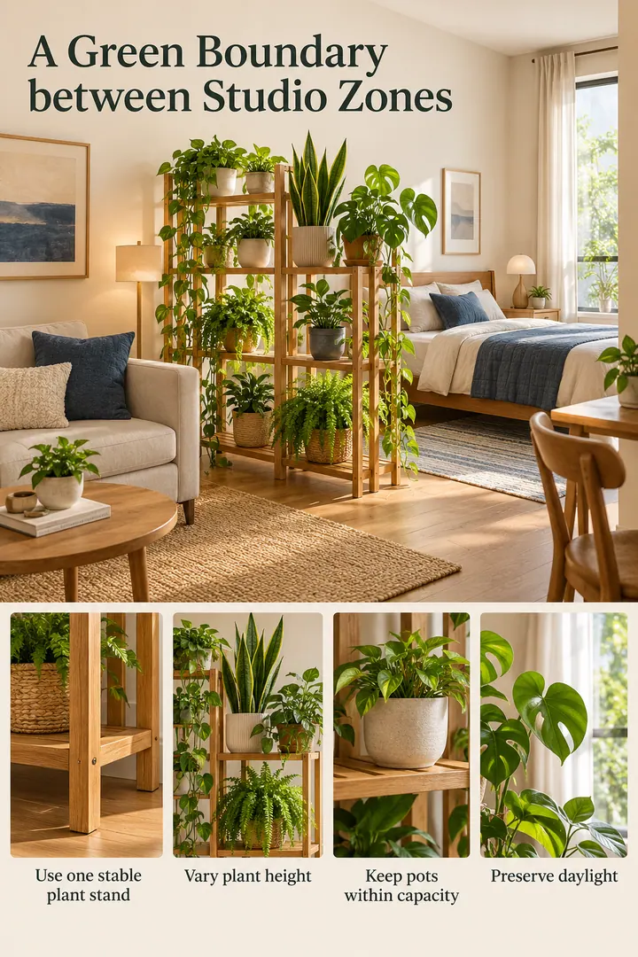 Editorial Educational Collage of plant stand soft room divider in Studio showing use one stable plant stand.
