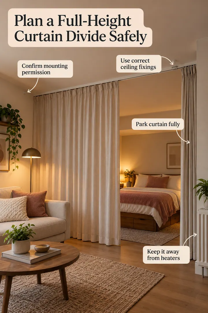 Annotated Educational Photo of ceiling track curtain divider in Studio showing confirm mounting permission.