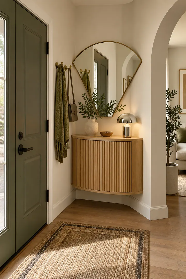 Clean Photo of neo deco entryway in Entryway showing use one fan-shaped mirror.