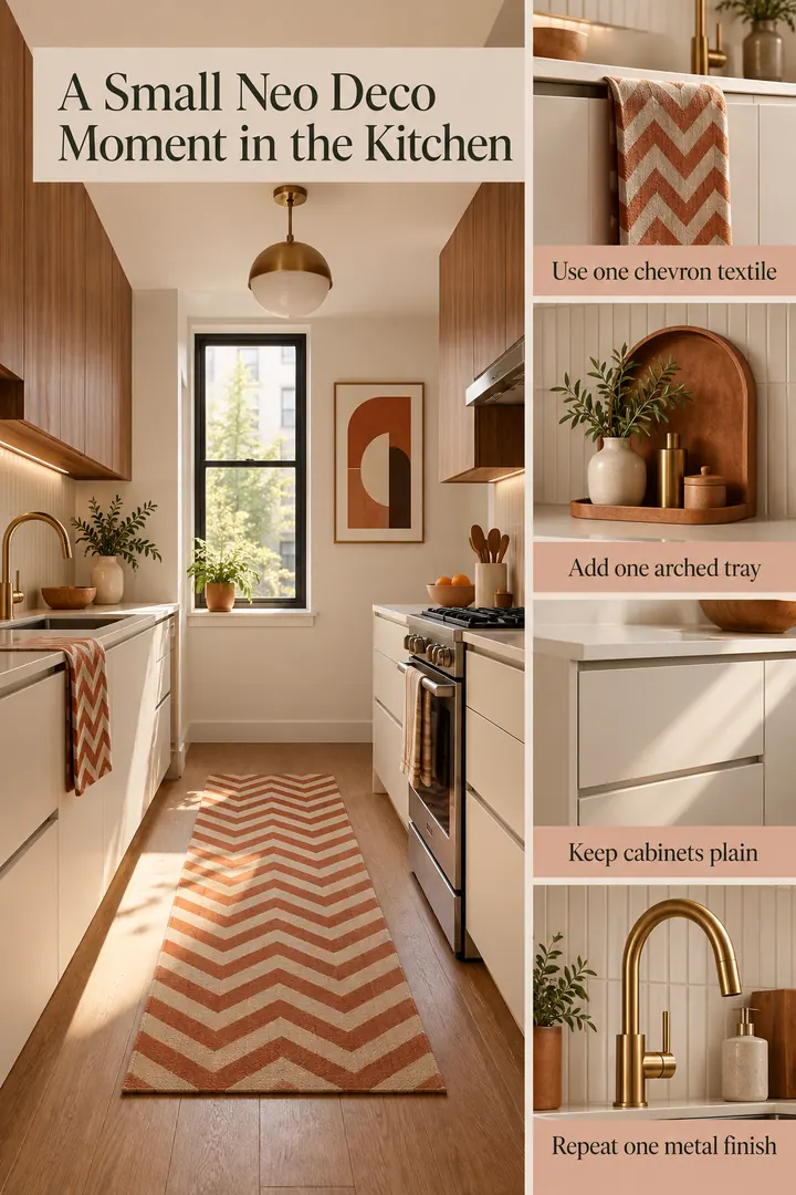 Editorial Educational Collage of neo deco kitchen accent in Kitchen showing use one chevron textile.