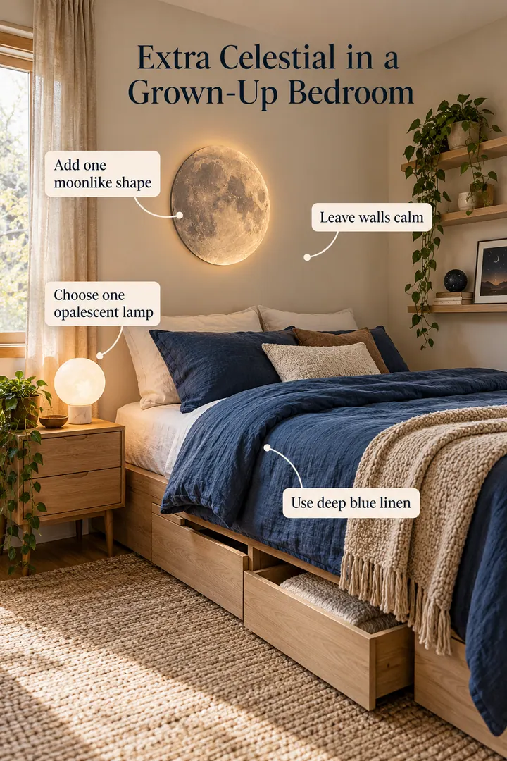 Annotated Educational Photo of extra celestial bedroom decor in Bedroom showing choose one opalescent lamp.
