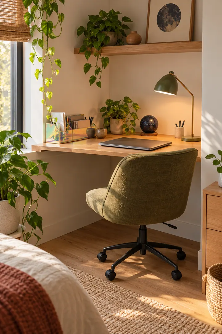 Clean Photo of extra celestial home office in Home office nook showing use one iridescent organizer.