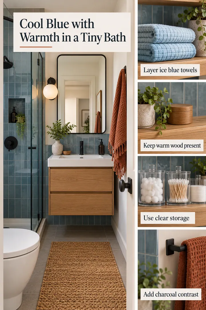 Editorial Educational Collage of cool blue small bathroom in Bathroom showing layer ice blue towels.