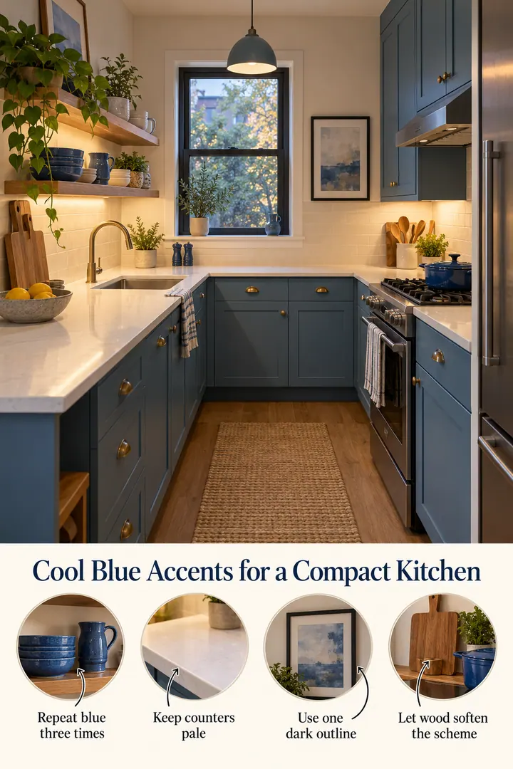 Annotated Educational Photo of cool blue small kitchen in Kitchen showing repeat blue three times.