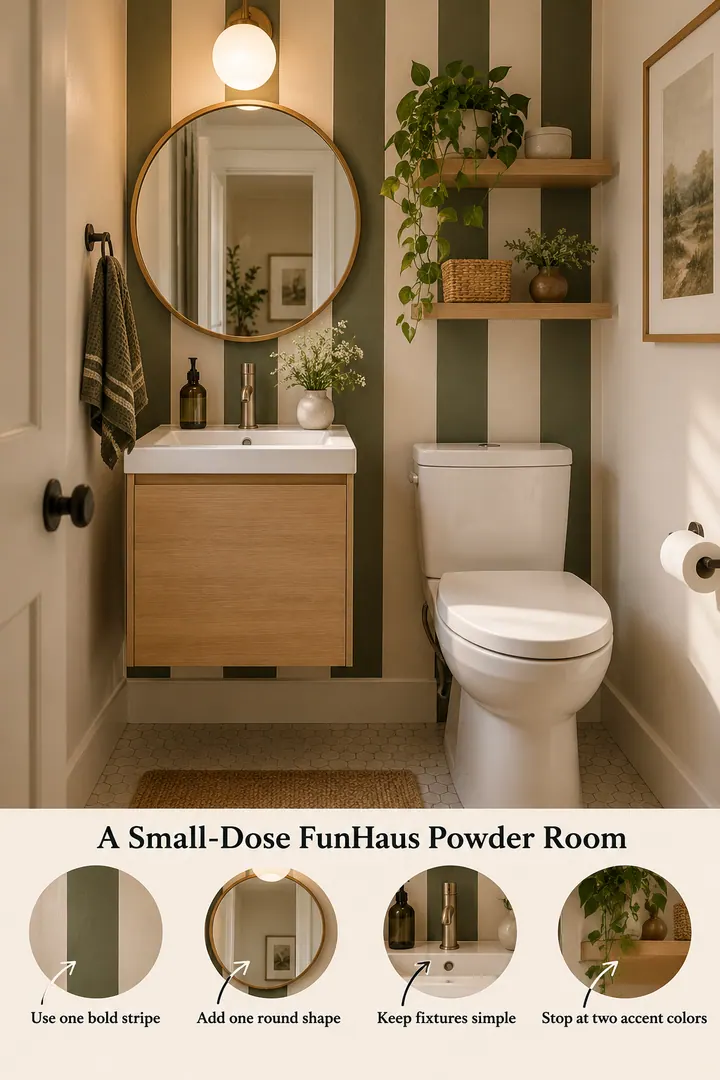 Annotated Educational Photo of funhaus powder room in Powder room showing use one bold stripe.