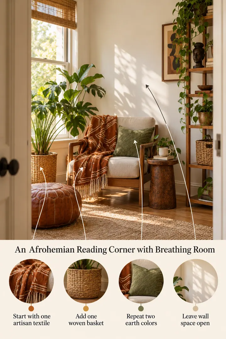 Annotated Educational Photo of afrohemian reading nook in Living room corner showing start with one artisan textile.