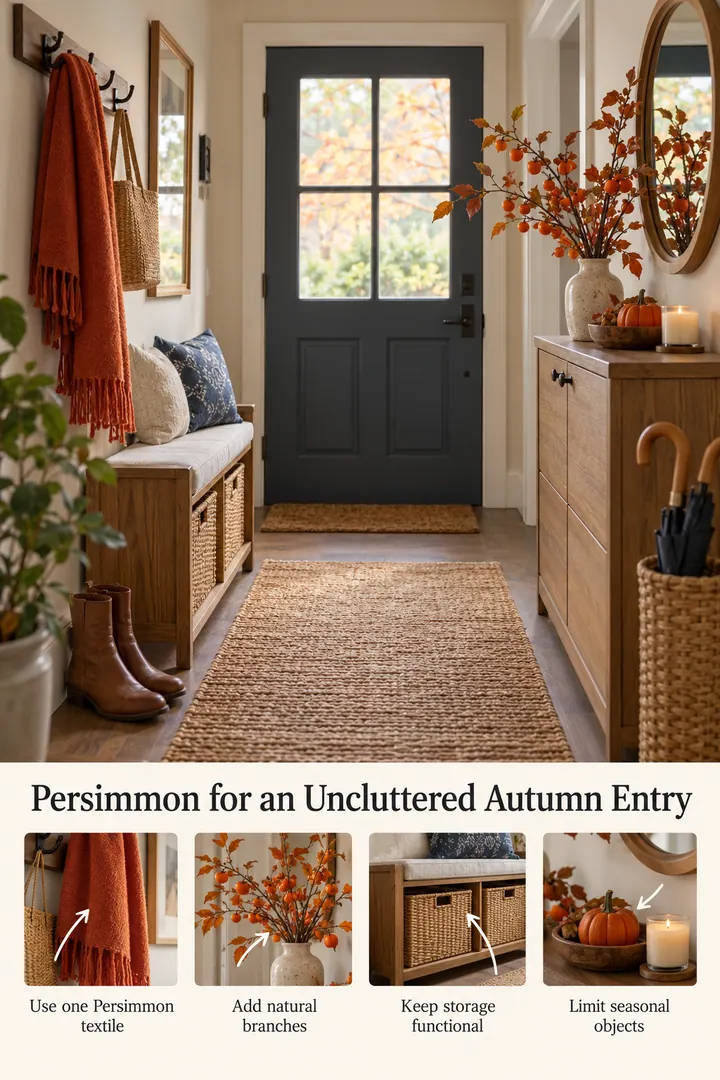 Annotated Educational Photo of persimmon autumn entryway in Entryway showing use one persimmon textile.